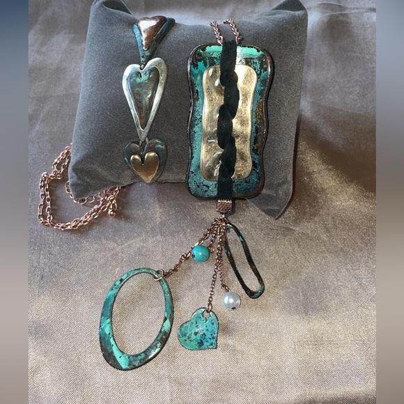 Artisan Patina Copper & Turquoise Bracelet & Necklace Set Mixed Metal Leather - Picture 12 of 12